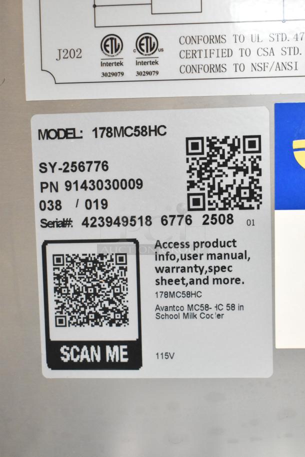 Brand new Avantco 178MC58HC stainless steel milk cooler, scratch and dent, 115V, 1-phase, labels with model and QR code.