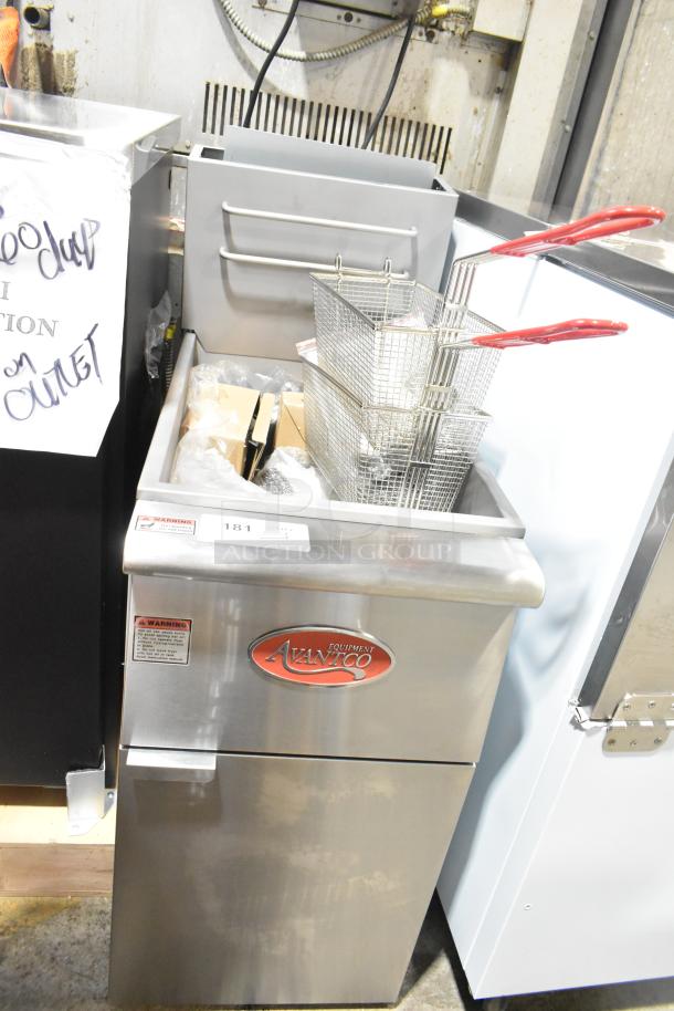 Brand new Avantco 177FF50N stainless steel gas deep fat fryer w/ 2 baskets, 120,000 BTU, scratch and dent sale.