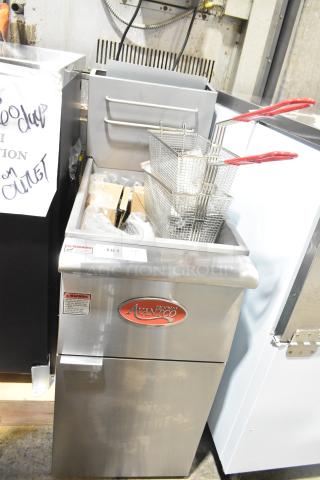 Brand new Avantco 177FF50N stainless steel gas deep fat fryer w/ 2 baskets, 120,000 BTU, scratch and dent sale.