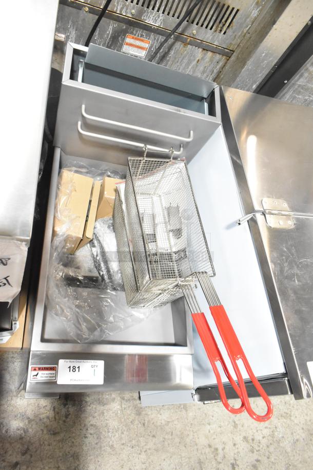 Brand new Avantco 177FF50N stainless steel commercial deep fat fryer with 2 metal fry baskets, 120,000 BTU.