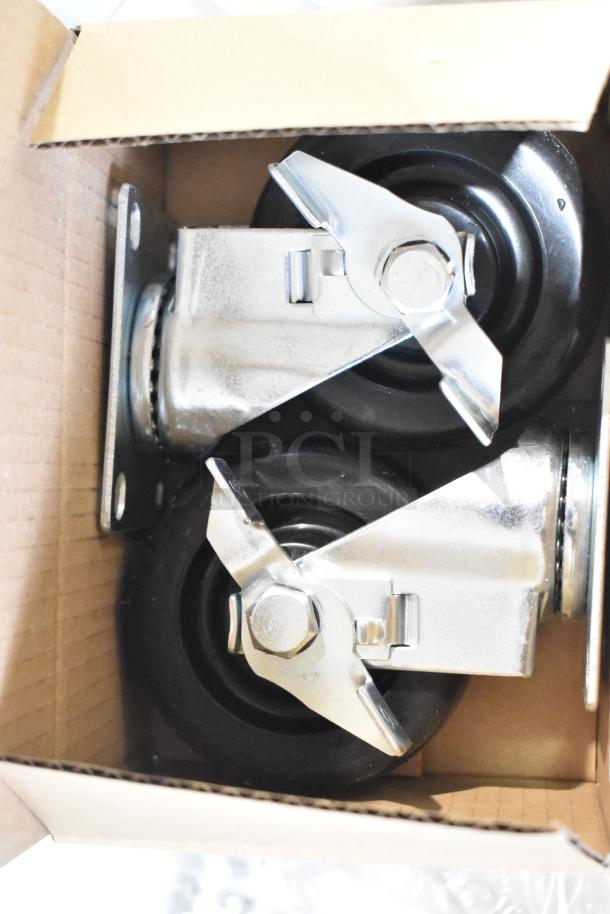 Cardboard box with two heavy-duty caster wheels, featuring metal mounting plates and black rubber wheels.