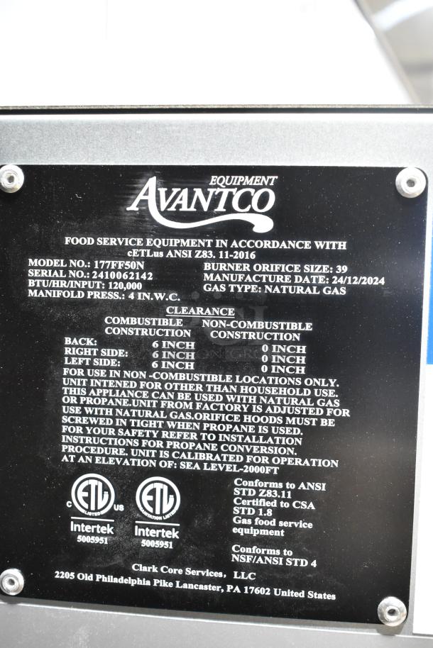 Stainless steel Avantco 177FF50N commercial deep fryer, new scratch and dent, natural gas, 120,000 BTU, 2 metal baskets.
