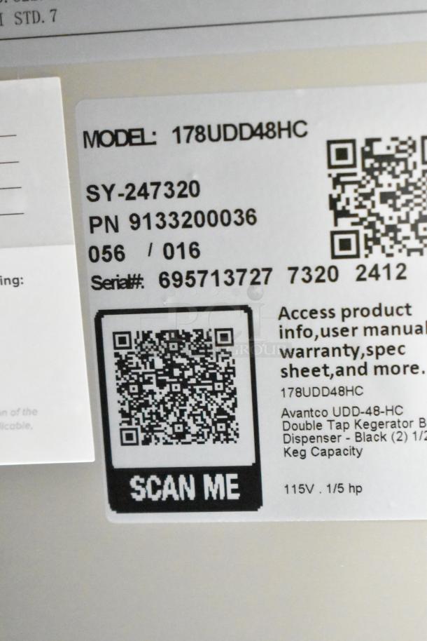 Label showing model 178UDD48HC with QR code for Avantco kegerator. Details include 115V, 1 phase, serial #695713727.