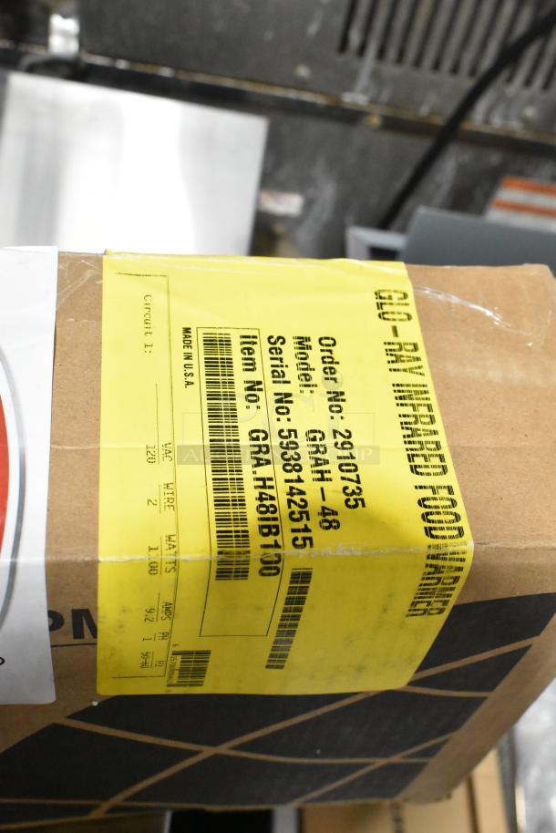 Hatco GRAH-48 Infrared Food Warmer in box. Marked as scratch and dent. Serial No: 5938142515, 120V, 1 Phase.