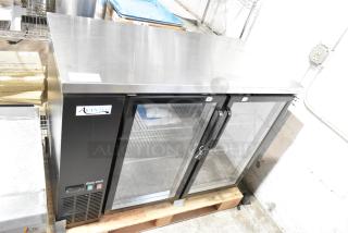 Brand new 2024 Avantco 178UBB48GHC 48" black bar refrigerator with narrow glass doors, LED lighting, and 115V power.