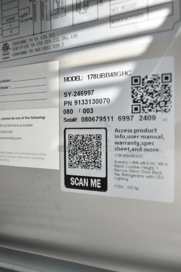 Alt text: Avantco 178UBB48GHC back bar refrigerator label showing model number, serial number, and QR code for product info.