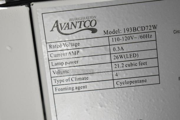 Alt text: Avantco 193BCD72W metal commercial bakery display case label. Shows specs: 110-120V, 0.3A, 26W LED, 21.2 cu ft.