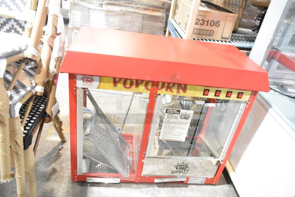Carnival King 382PMW17R popcorn machine, red, new scratch and dent, with warming merchandiser, model Royalty Series, 8 oz.