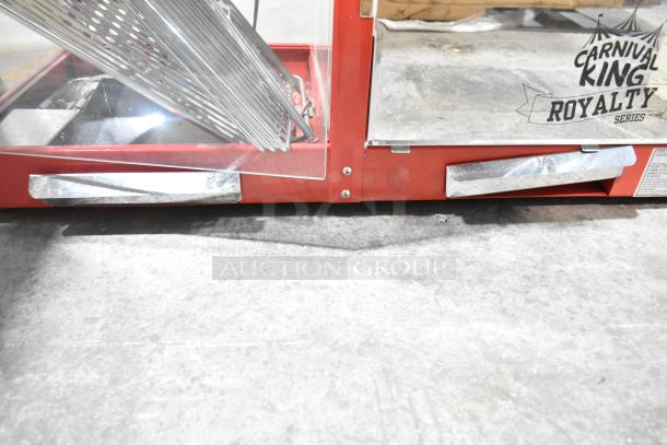 Carnival King 382PMW17R popcorn machine, brand new with minor scratches, featuring warming/holding merchandiser, 120V.