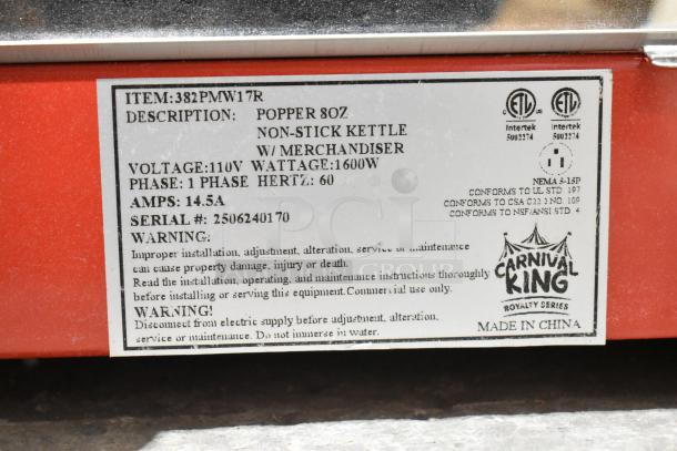 Brand new Carnival King 382PMW17R 8 oz. popcorn machine label, showing specs: 120V, 1600W, non-stick kettle, with merchandiser.