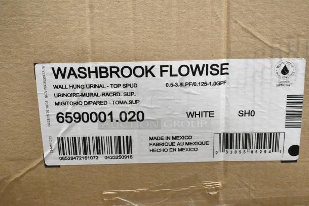 Brand new American Standard Washbrook FloWise urinal, model 6590001.020, vitreous china, top spud inlet, 0.125-1.0 GPF.