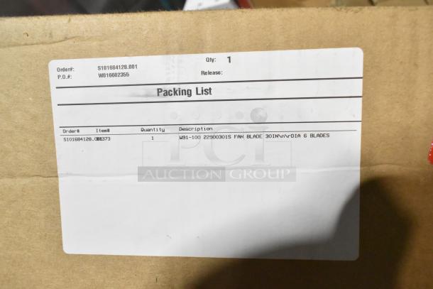 Box with packing list showing InterLink 22900301S 30-inch fan blade, 6 blades, brand new condition, order details.