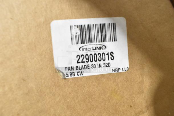 InterLink 22900301S fan blade label, showing details: 30-inch, 32-degree, 5/8 bore, clockwise rotation. Brand new condition.