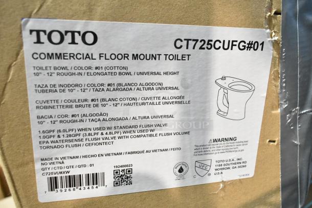 Brand new Toto CT725CUFG#01 commercial flushometer toilet box, features TORNADO FLUSH®, universal height, 1.0/1.28/1.6 GPF.