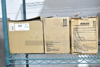 Three brand new items: DS-500 Centerpull Towel Dispenser and Ecolab Foam Hand Sanitizer, boxed on shelf; auction details visible.