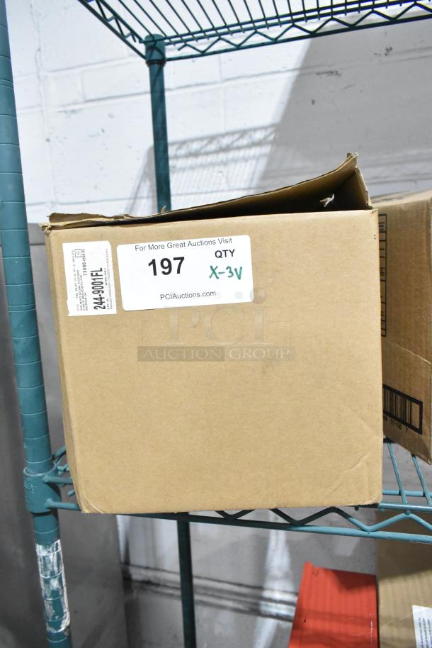 Box of 3 brand new items, including DS-500 towel dispenser and Ecolab foam sanitizer, on warehouse shelf. Auction label: Lot 197.