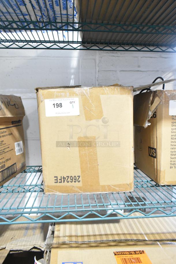 Box of 5 gauges, brand new, sealed in cardboard box with auction label "198 QTY 1". Item on metal shelf.