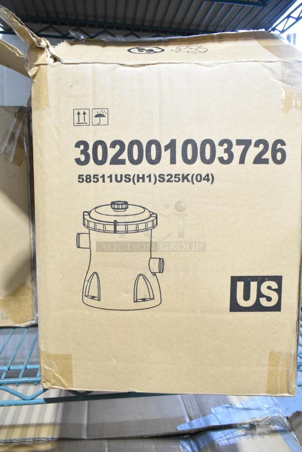 Cardboard box with branding for Flowclear 330 gal. filter pump, item 302001003726, showing location and model details.