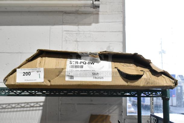 Brand new Plasticade STR-PQ-8W diffuser in original box with 8" neck, slight box wear. Tags show model, quantity, and shift date.