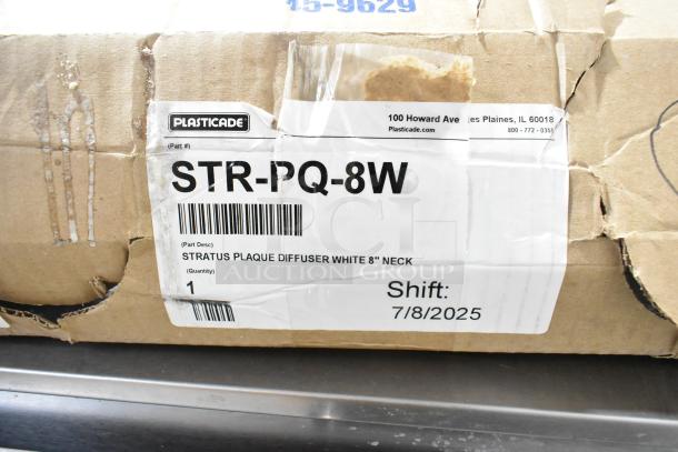 Brand new Plasticade STR-PQ-8W Stratus Plaque Diffuser. White, 8" neck. Box has labels confirming model and specs.