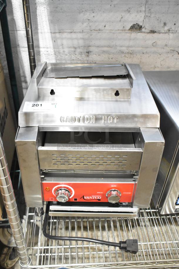 2024 Avantco 184T140 stainless steel conveyor toaster, 10" wide, 3" opening, 300 slices/hour, 120V. Marked "Caution Hot".