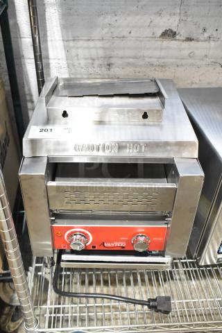 2024 Avantco 184T140 stainless steel conveyor toaster, 10" wide, 3" opening, 300 slices/hour, 120V. Marked "Caution Hot".