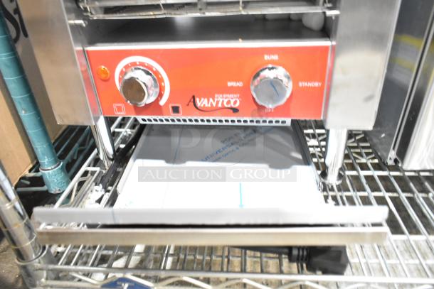 2024 Avantco 184T140 stainless steel conveyor toaster, 10" wide, 3" opening, 300 slices/hour, 120V, 1 phase.