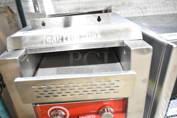 2024 Avantco 184T140 stainless steel conveyor toaster with 10" width, 3" opening. Features "Caution Hot" marking.