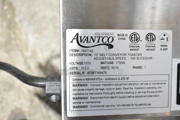 Avantco 184T140 stainless steel conveyor toaster, 10" belt, 3" opening, 300 slices/hr, 120V, 1750W. Label displayed.
