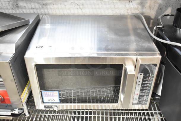 Brand new Amana RCS10TS stainless steel commercial microwave, stackable, with push button controls. 120V, 1 Phase.