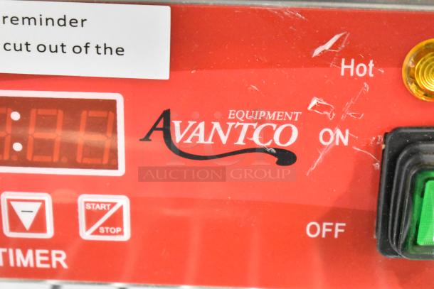 Avantco 177PG400T stainless steel panini grill label showing brand and control panel with timer and start/stop button.