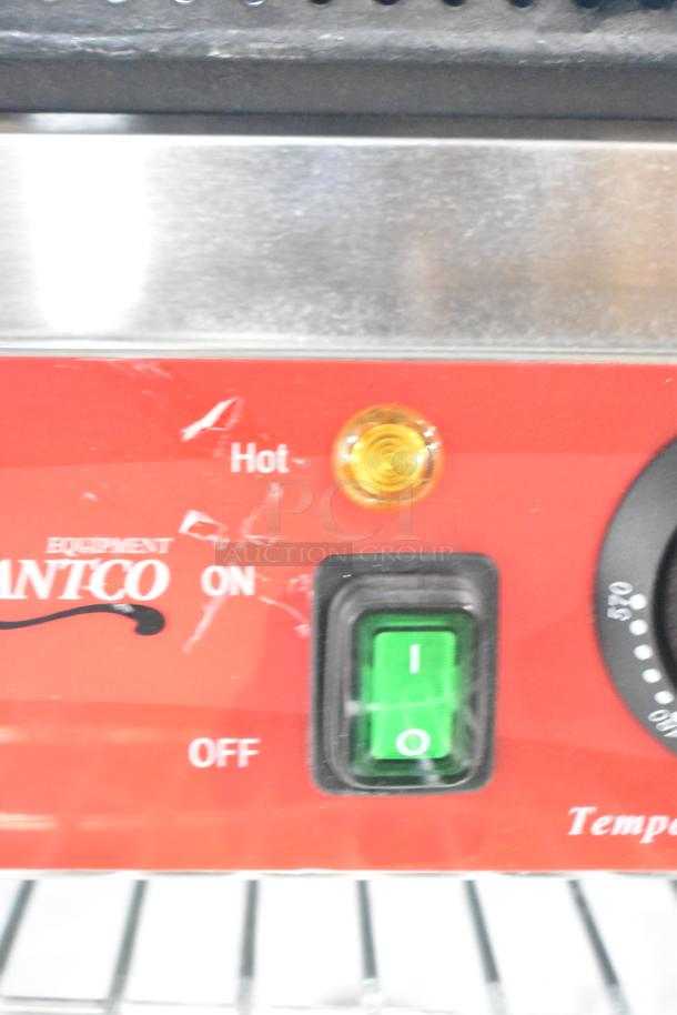 Alt text: Close-up of Avantco 177PG400T commercial panini grill control panel with green power switch and "Hot" indicator light.