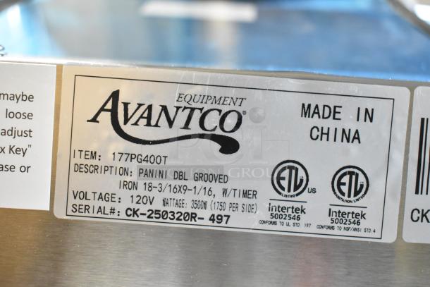 Avantco 177PG400T label, stainless steel commercial dual panini grill, grooved plates, 120V, serial CK-250320R-497, made in China.