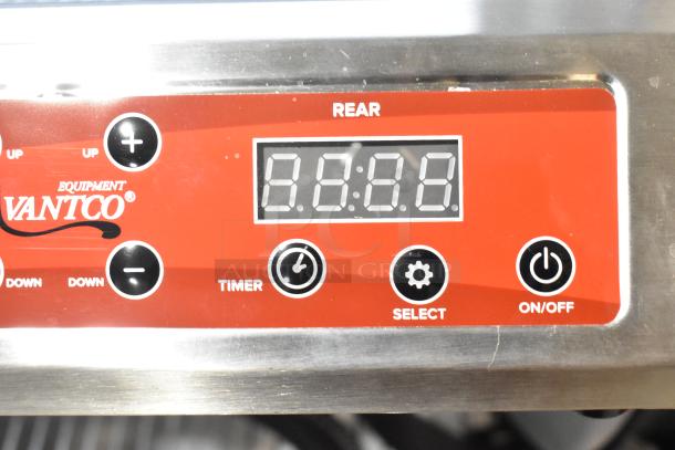 Avantco 177IC35SU induction range control panel. Digital display with timer, select, and on/off buttons visible.