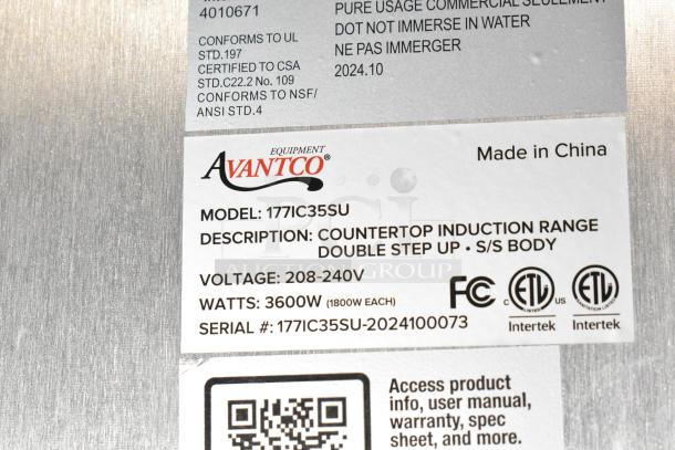 2024 Avantco 177IC35SU stainless steel double countertop step-up induction range, 208-240V, 3600W, brand new, scratch and dent.