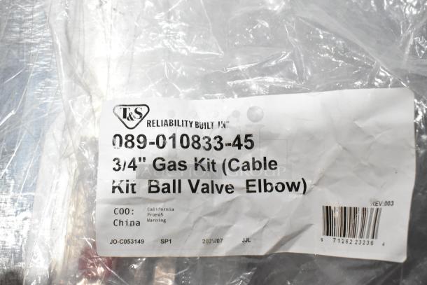 6 new scratch and dent items; gas kit 089-010833-45, restraining cable, Hanning motor. Label: 3/4" Gas Kit, China.