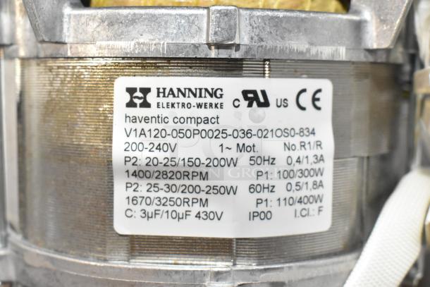Hanning motor, model V1A120-050P0025-036-0210S0-834, 200-240V, 50/60Hz. Includes label with detailed specs.