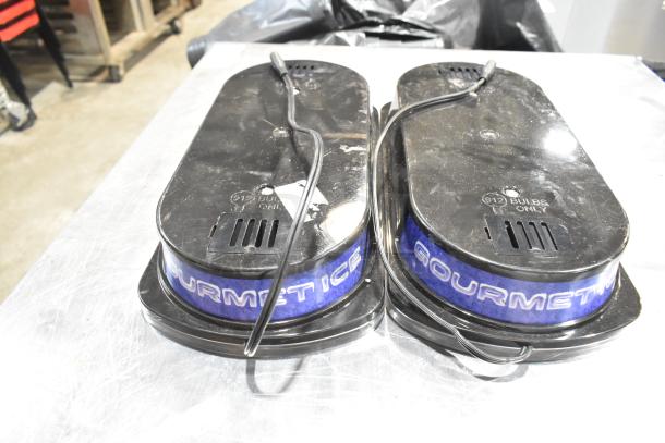 Brand new set of two slushie hopper lids, labeled "Gourmet Ice." Features ventilation slots and bulb markings. Scratch and dent condition.