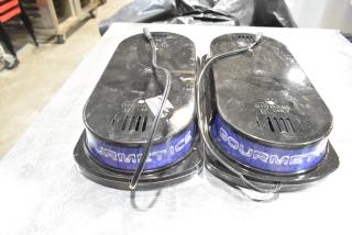 Brand new set of two slushie hopper lids, labeled "Gourmet Ice." Features ventilation slots and bulb markings. Scratch and dent condition.