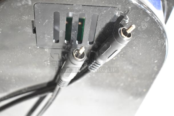 Set of 2 slushie hopper lids, brand new with minor dents, black plastic with connector cables visible.