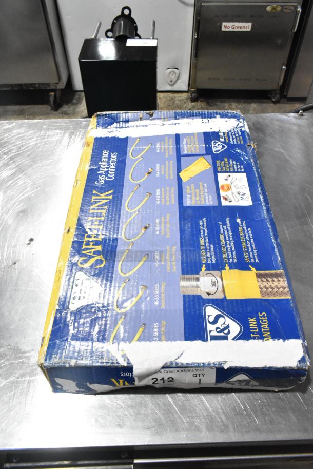 Brand new T&S HG-4D-48K gas connector hose, 48" yellow coated steel, 3/4" NPT, includes FreeSpin fitting, installation kit.