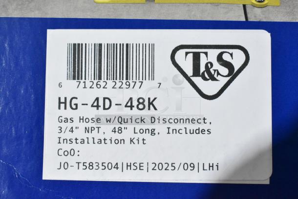 Brand new T&S HG-4D-48K gas hose, 48" yellow coated steel, 3/4" NPT, Safe-T-Link quick disconnect, with FreeSpin fitting.