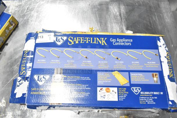 T&S Safe-T-Link 48" gas appliance connector hose, yellow coated steel, new, scratch and dent, 3/4" NPT FreeSpin fitting.