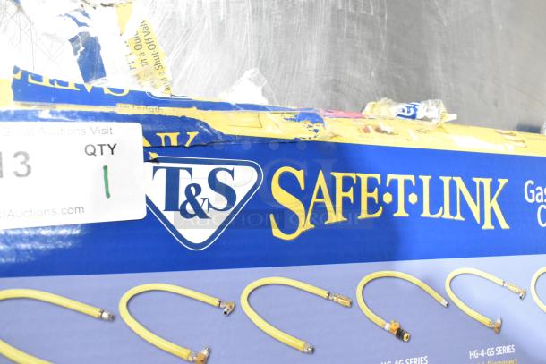 "Brand new T&S HG-4D-48K Safe-T-Link 48-inch yellow coated steel gas hose, scratch and dent condition, with FreeSpin fitting and kit, 3/4-inch NPT."