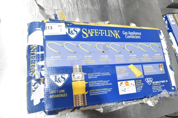 Brand new T&S HG-4D-48K Safe-T-Link 48" gas connector hose, yellow coated, 3/4" NPT, with FreeSpin fitting and installation kit. Box shows scratches and dents.