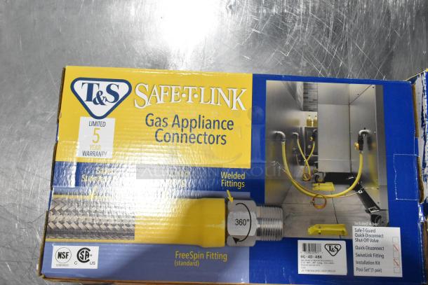 T&S HG-4D-48K Safe-T-Link 48" yellow gas connector hose, new, with FreeSpin fitting; includes installation kit; 5-year warranty.
