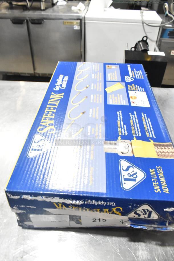 Blue box containing 2 new T&S HG-4D-48K 48" yellow coated steel gas connector hoses with FreeSpin fitting, installation kit.