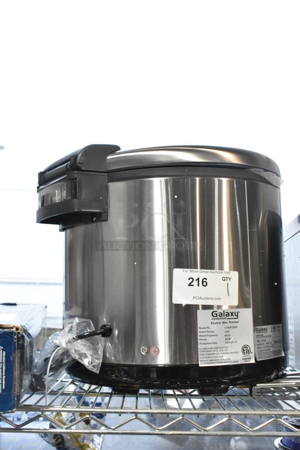 BRAND NEW 2024 Galaxy 177RWGB90 90 Cup Electric Rice Warmer. Stainless steel, dented, 120V, 1 phase. Model label visible.