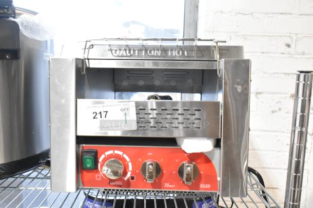 Brand new Avantco 184T3300D stainless steel toaster, 10" conveyor, 3" opening, 800 slices/hour, 240V, 1 phase.