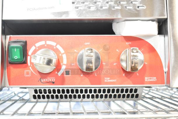 Brand new Avantco 184T3300D stainless steel conveyor toaster, 10" wide, 3" opening, 800 slices/hour, 240V, 1 phase.